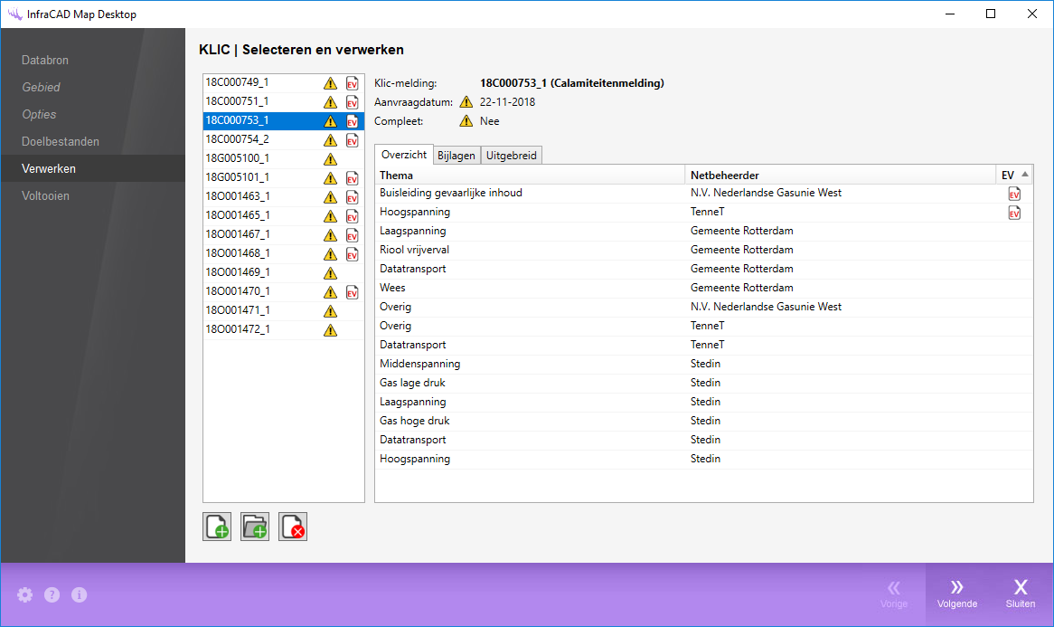 Klic-meldingen selecteren